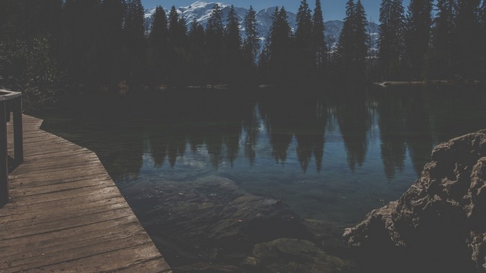 Wooden walkway by a lake with mountains and forest