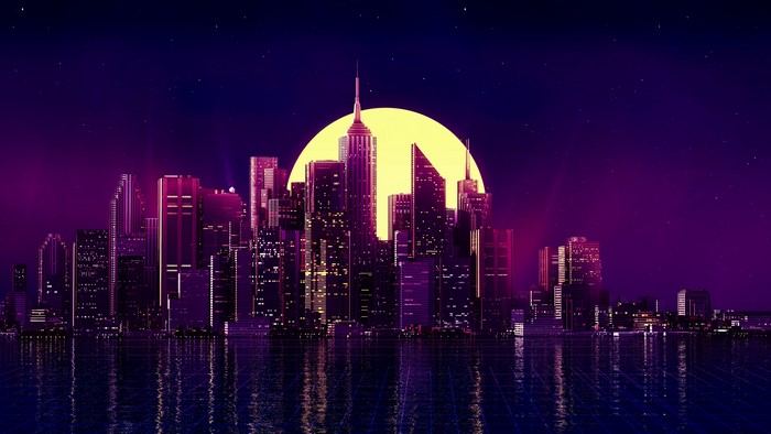 4K Retro Cityscape with Large Moon