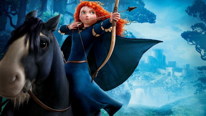 Merida from Brave riding a horse with a bow and arrow