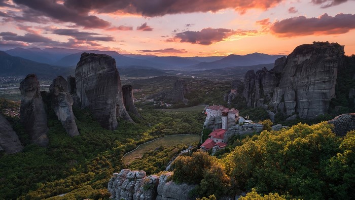 Meteora Monasteries in Greece at Sunset