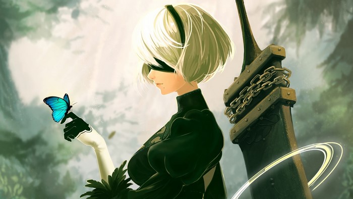 2B from NieR: Automata with a butterfly