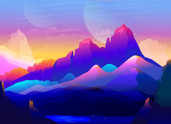 Neon mountains with colorful sky and planets