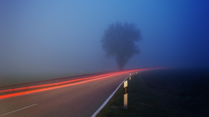 4K Foggy Road with Light Trails and Tree