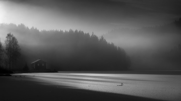 Misty lake with cabin and forest