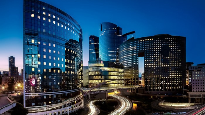 Modern skyscrapers in Paris at dusk