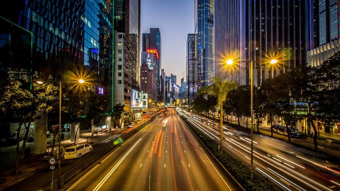 Hong Kong Cityscape with Light Trails at Night