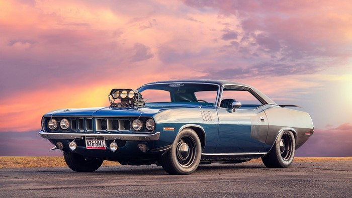 Blue Plymouth Barracuda with Supercharger