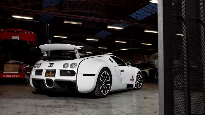White Bugatti Veyron in a garage