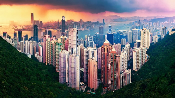 Hong Kong skyline at sunset from Victoria Peak