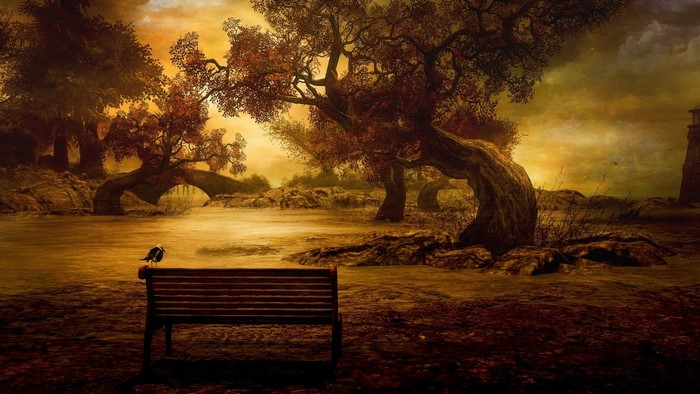 Fantasy landscape with trees and a bench