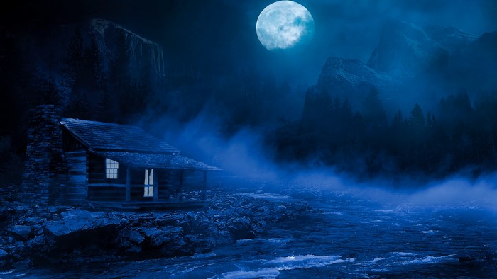 4K Night Cabin by River