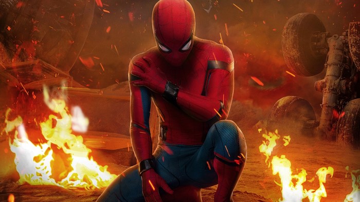Spider-Man from Spider-Man: Homecoming in a fiery scene