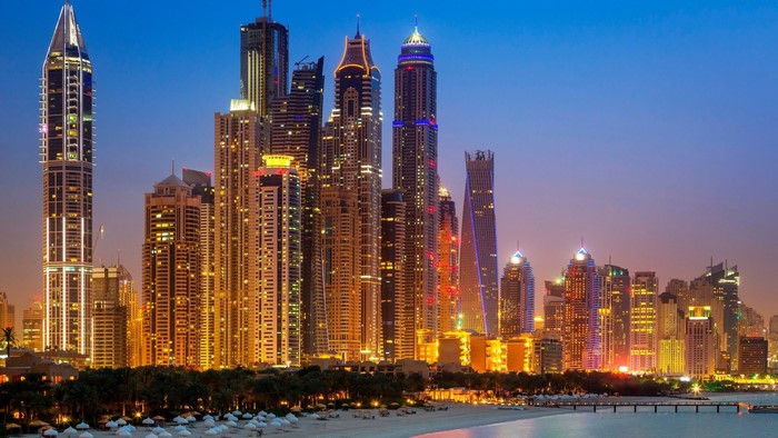 Dubai Marina skyscrapers at dusk