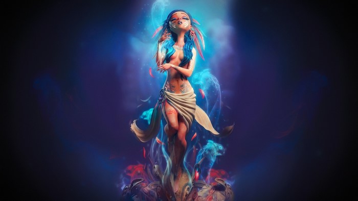 Fantasy Girl with Blue Hair and Feathers