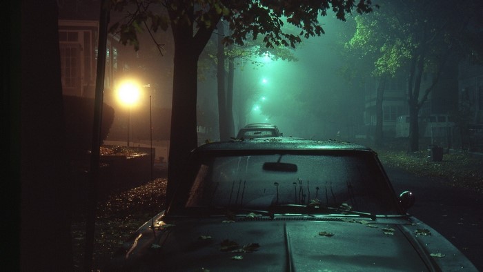 Foggy street at night with parked cars and streetlights