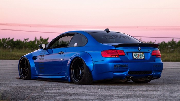 Blue BMW M3 with Liberty Walk body kit