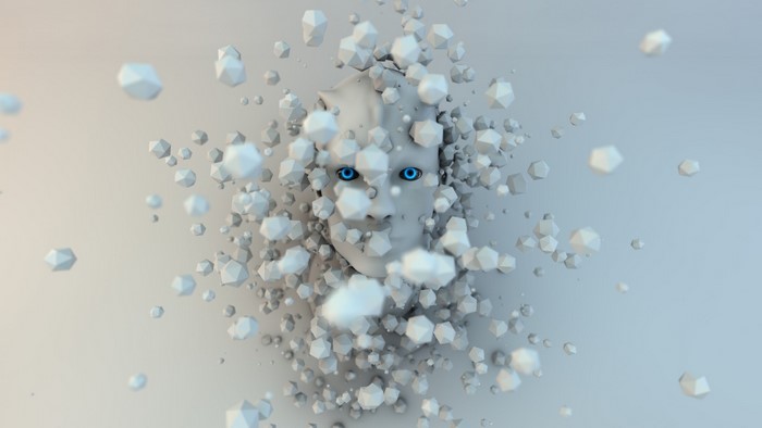 Abstract face with blue eyes and geometric particles