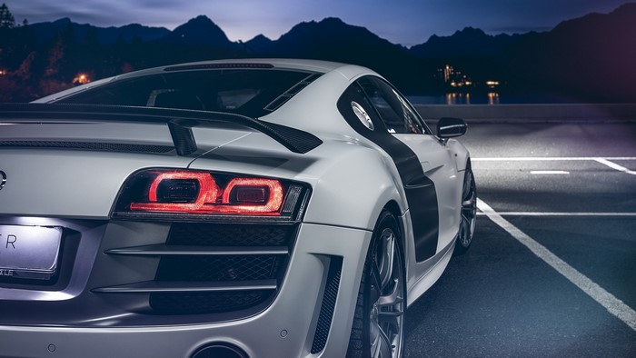 White Audi R8 sports car at night