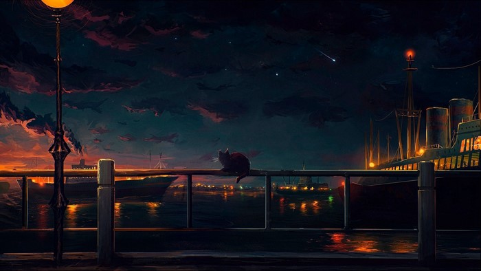 Cat on a railing overlooking a harbor at night