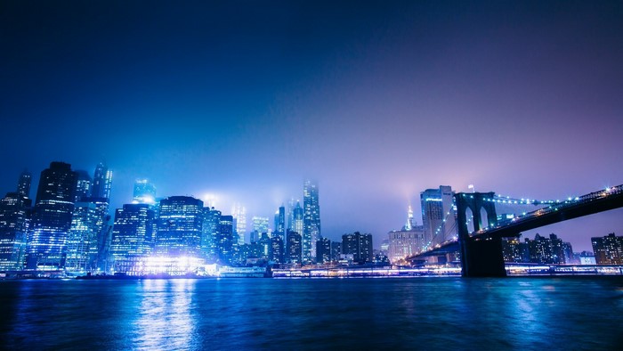New York City Skyline and Brooklyn Bridge at Night