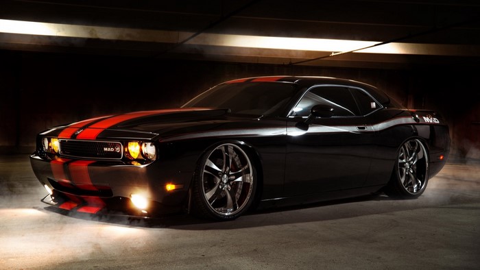 Black Dodge Challenger with Red Stripes