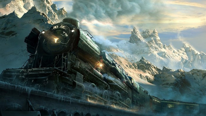 A steam train travels through snowy mountains