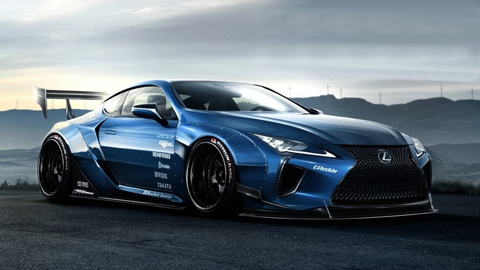 Blue Lexus LC 500 Widebody with a Rear Wing