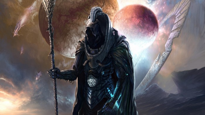 Fantasy character with staff and planets