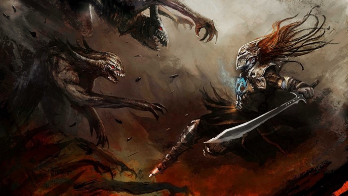 Fantasy warrior fighting monsters