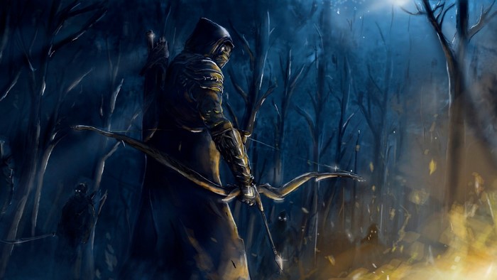 Hooded archer in a dark forest