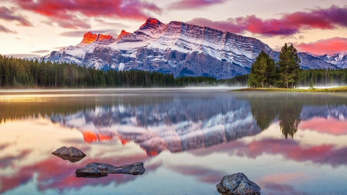 Two Jack Lake with Mountains and Sunrise