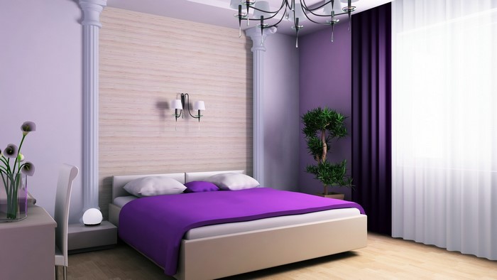Purple and white modern bedroom with plants
