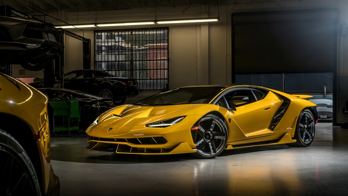 Yellow Lamborghini Centenario Coupe in garage 4K