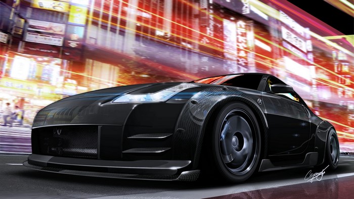 Black Nissan 350z driving through a neon city