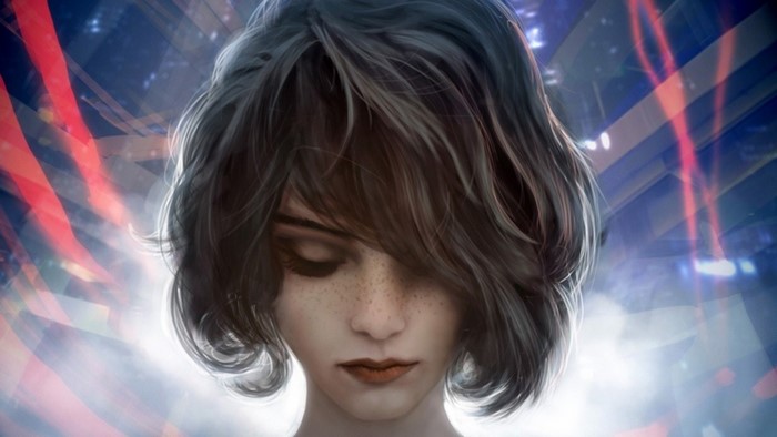 Fantasy girl with freckles and short hair