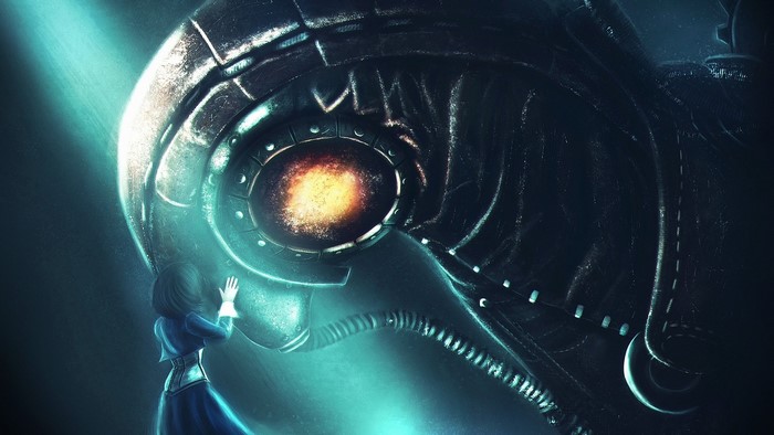 Elizabeth from Bioshock Infinite touching a giant robot