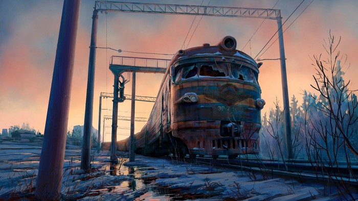 Abandoned train at sunset