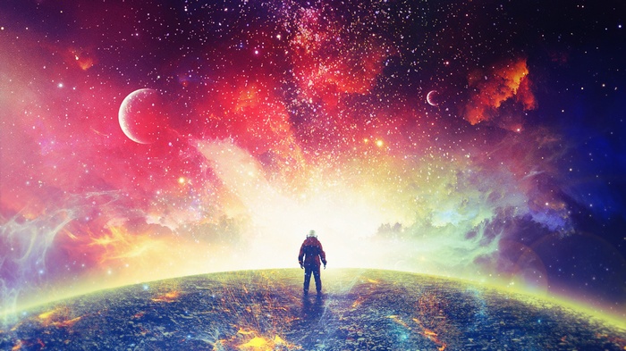 Astronaut on a planet with colorful nebula and stars