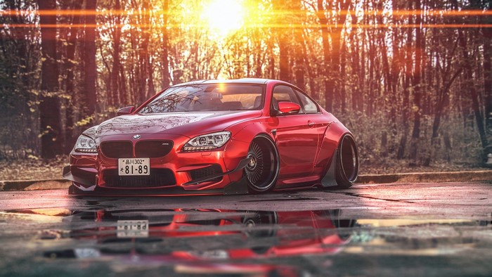 Red BMW M6 Widebody Coupe with Japanese License Plate