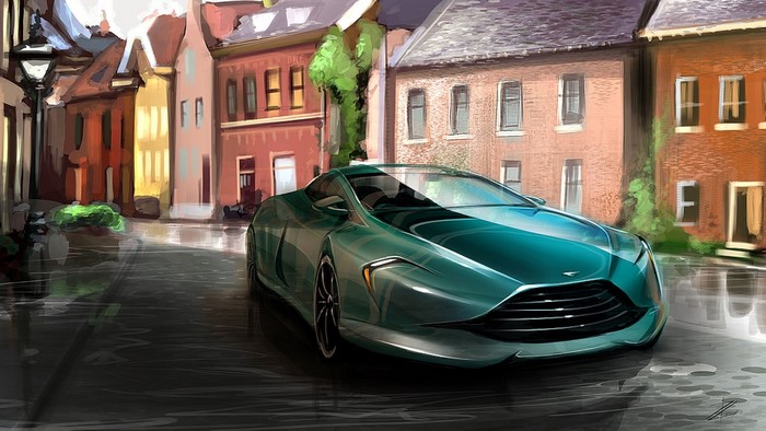 Aston Martin sports car on a wet street