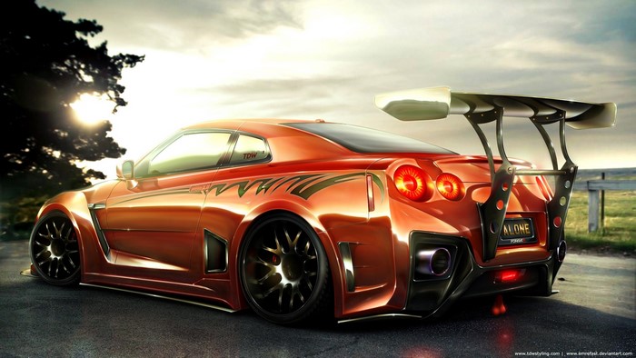 Orange Nissan GT-R with large rear spoiler