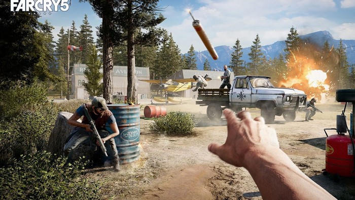Far Cry 5 action scene with explosion