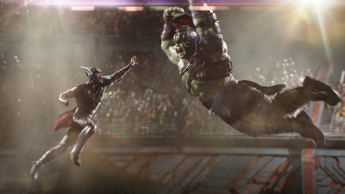 Thor from Thor: Ragnarok fighting Hulk