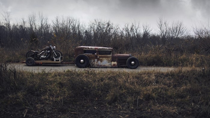 1930 Essex Rat Rod and Motorcycle on Trailer