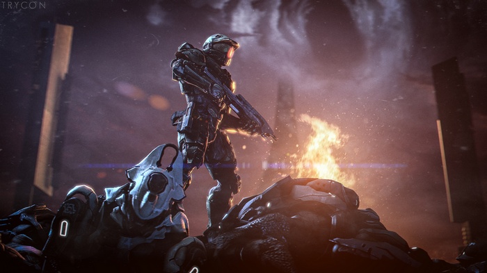 Master Chief from Halo standing on dead aliens in 4K