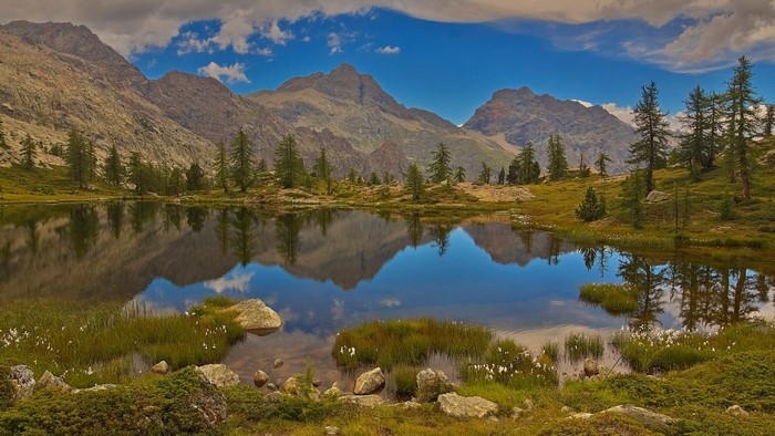 Mountain lake reflection with trees and clouds