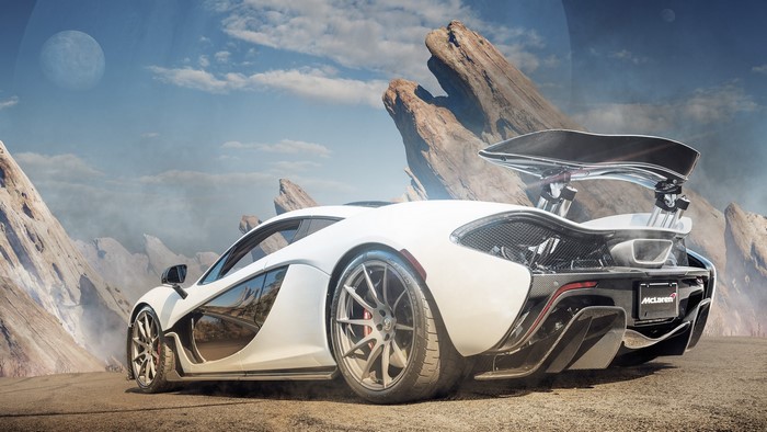 White McLaren P1 on a rocky alien planet