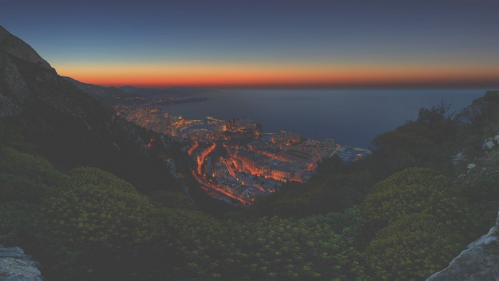 City lights on the bay at dusk