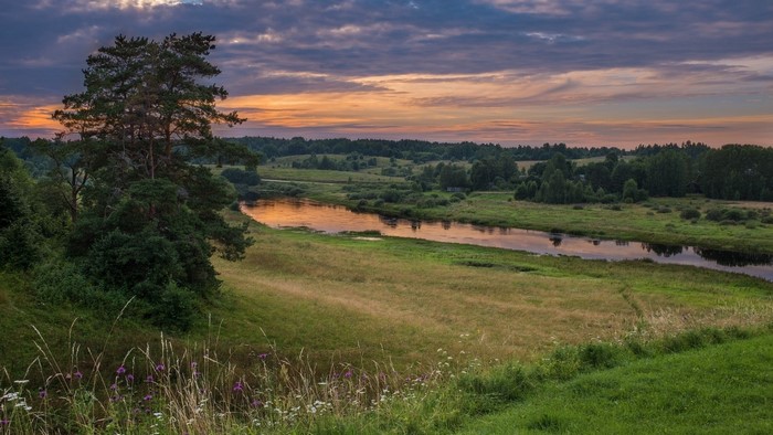 River landscape at sunset with trees and clouds