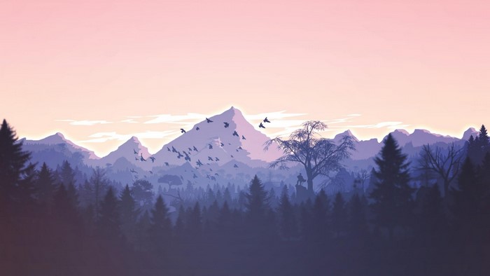 Purple Forest Mountains with Birds and Tree